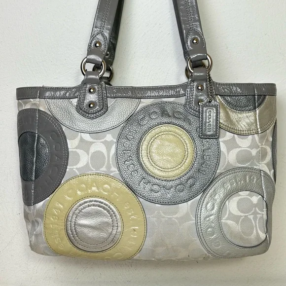 COACH F19042 Patent Leather Canvas Jacquard Logo Monogram Tote Bag Purse - Picture 1 of 16